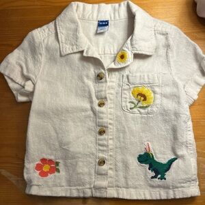 Old Navy Cream Button Down Shirt with Dinosaur and Flower Embroidery